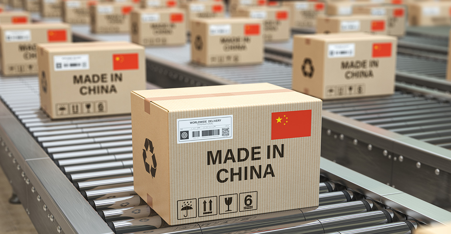 Made in China. Cardboard boxes with text made in China and chine