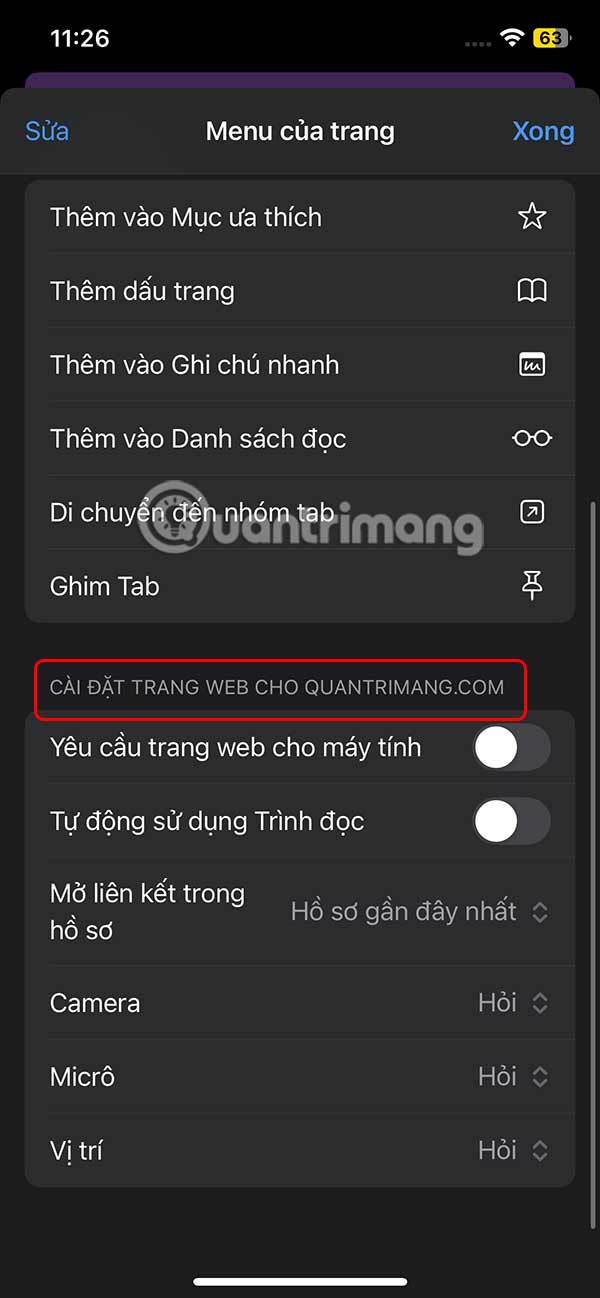 Tùy chỉnh cài đặt trang web