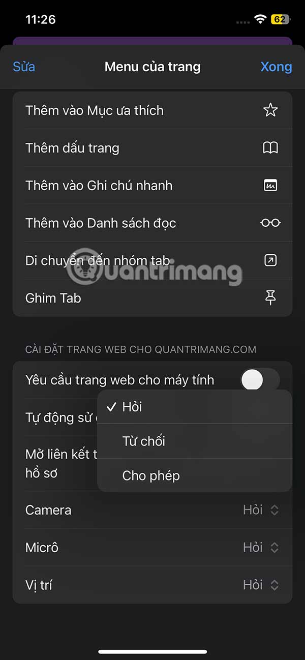 Thay đổi cài đặt trang web
