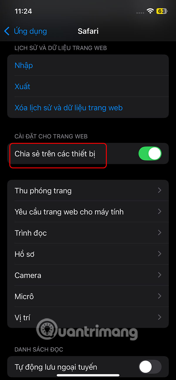 Đồng bộ thiết lập Safari