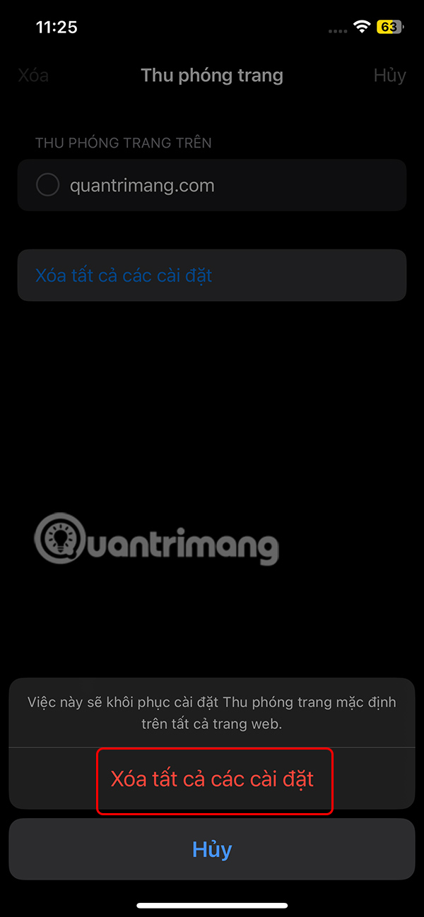 Xóa thiết lập cho trang wbe