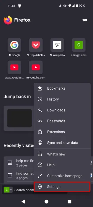 Vào Settings trong Firefox dành cho Android.