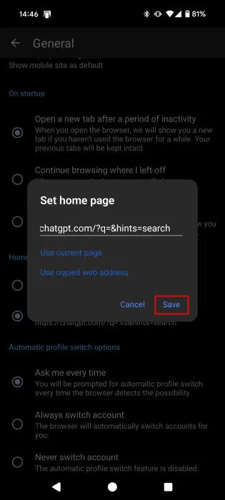 Nhấn Save để có địa chỉ trang chủ mới trong trình duyệt Edge trên Android.