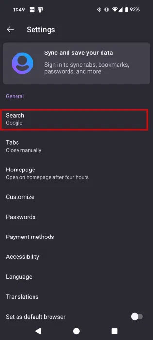 Truy cập Search trong Firefox dành cho Android.