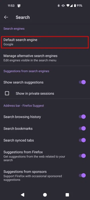 Vào Default search engine trong Firefox dành cho Android.