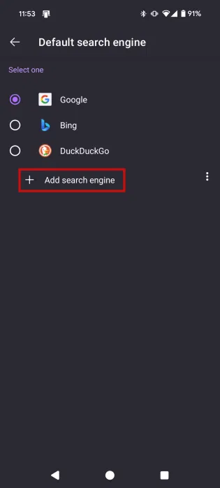 Nhấn vào Add search engine trong Firefox dành cho Android.