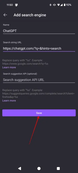 Tạo công cụ tìm kiếm mới trong Firefox dành cho Android.