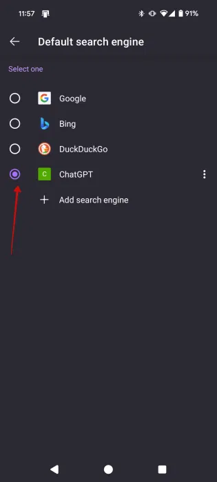 Chuyển sang ChatGPT làm công cụ tìm kiếm mặc định trong Firefox dành cho Android.