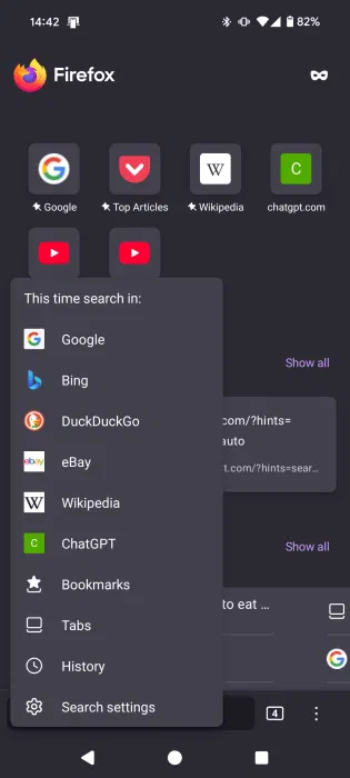 Thay đổi nhanh công cụ tìm kiếm từ trình duyệt Firefox trên Android.