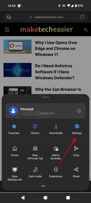 Truy cập Settings trong Microsoft Edge trên Android.