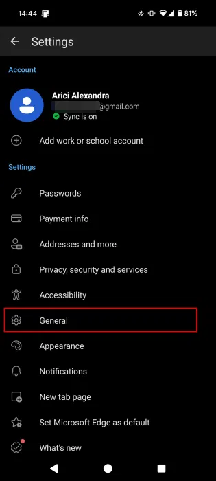 Điều hướng đến phần General trong Microsoft Edge trên Android.