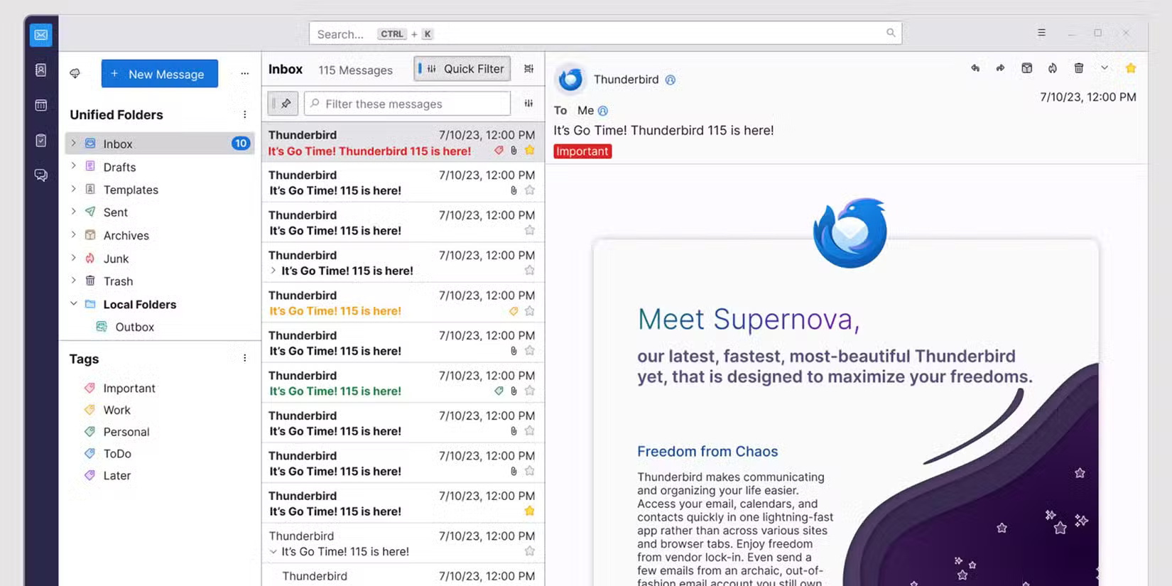 Giao diện Thunderbird với email mởThunderbird