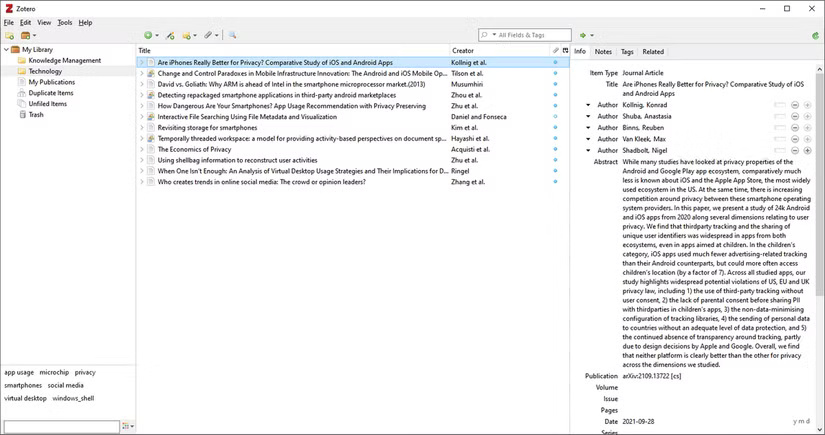 Giao diện chính của Zotero hiển thị danh sách tài liệu tham khảo