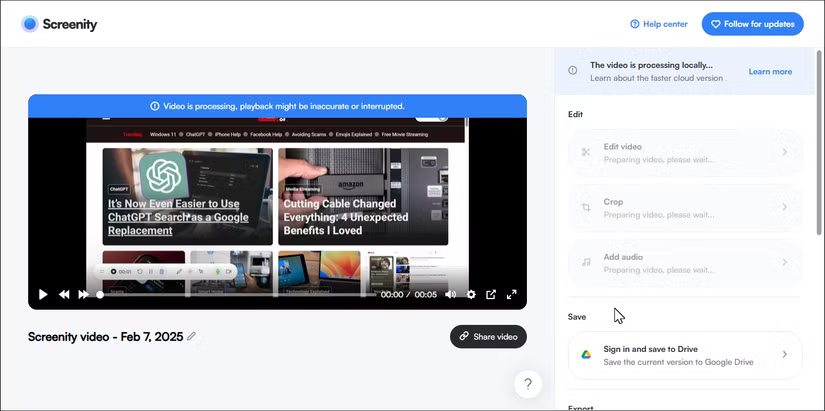 Giao diện Screenity hiển thị màn hình đã ghi với các công cụ chú thích