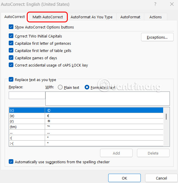 Chọn Math AutoCorrect