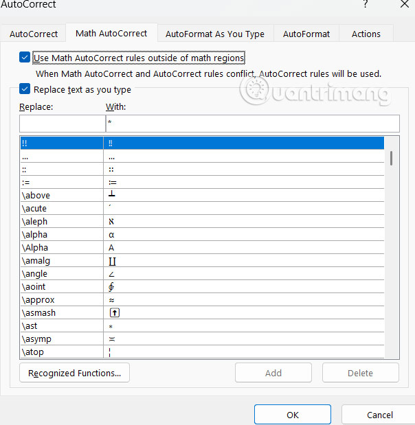 Danh sách phím tắt Math AutoCorrect