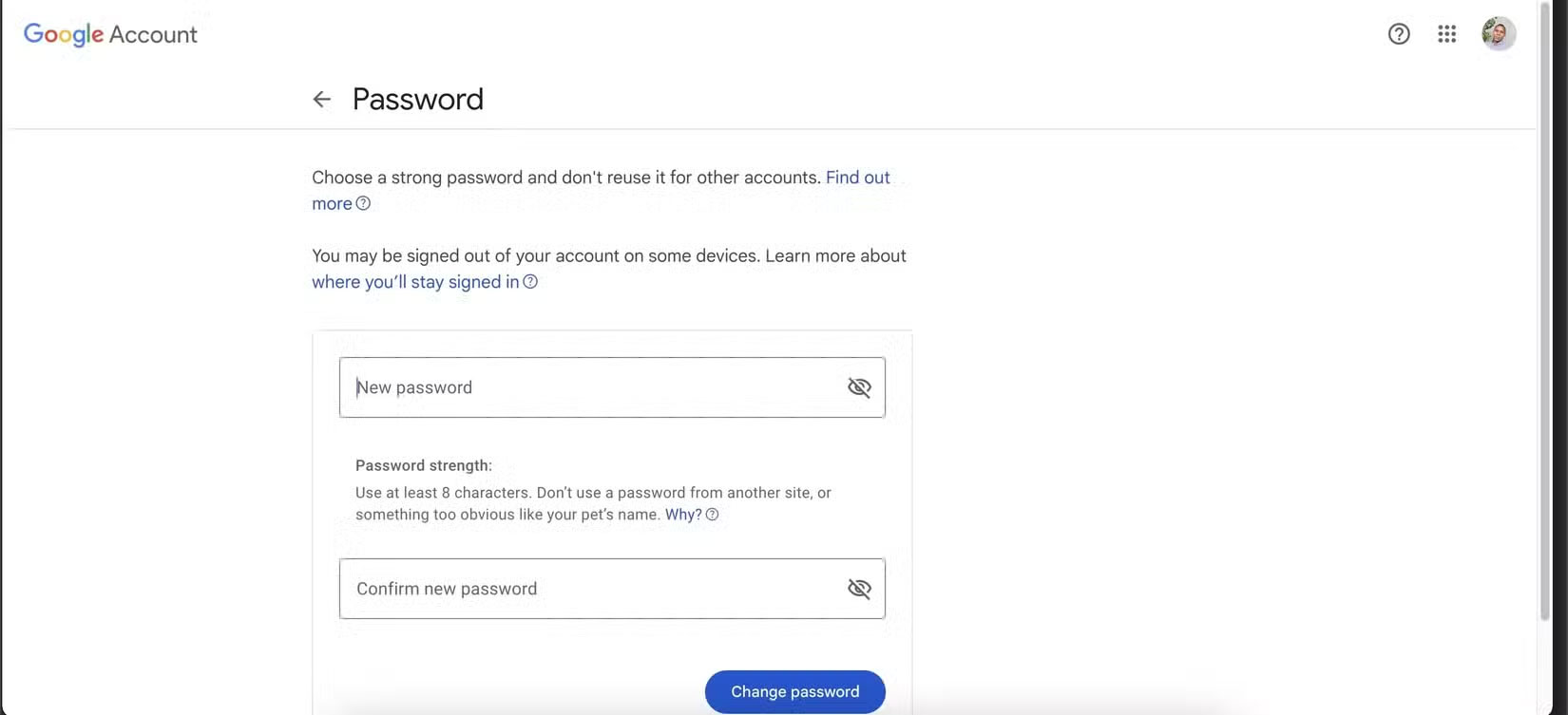 Trang thay đổi mật khẩu tài khoản Google