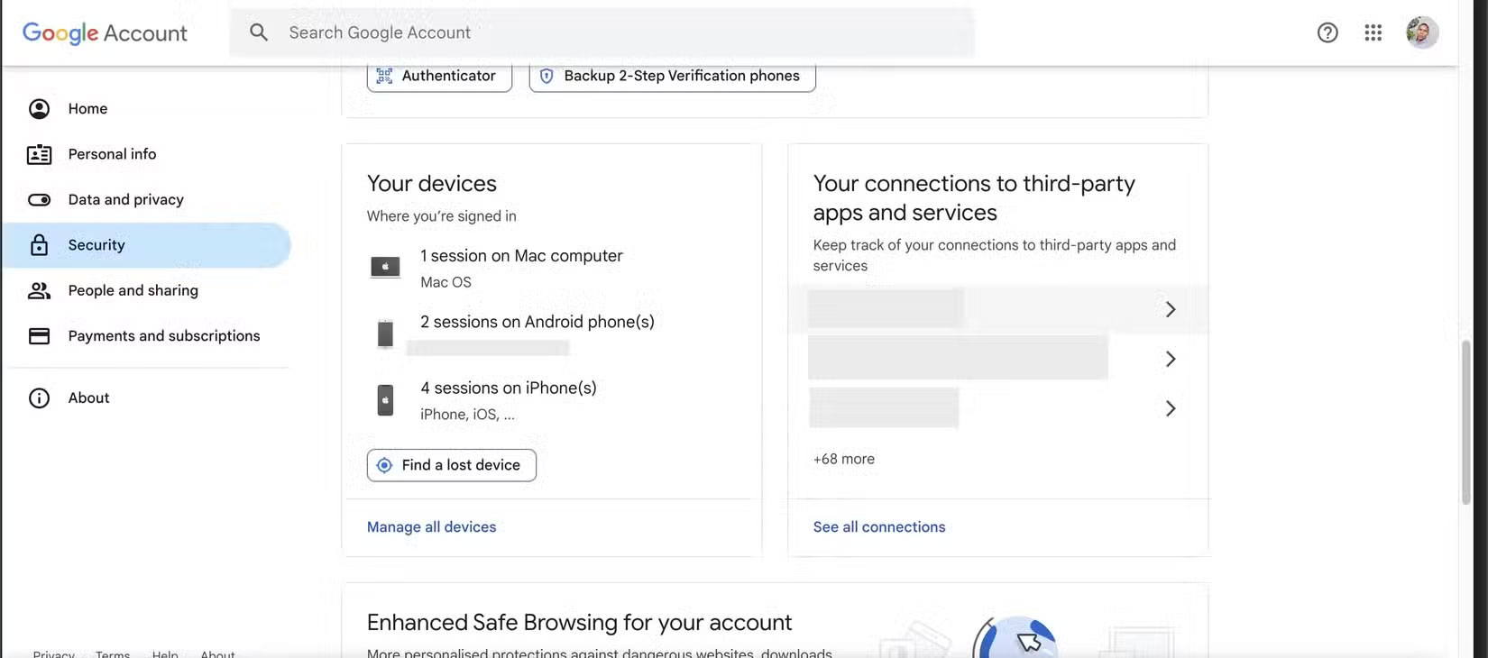 Trang bảo mật tài khoản Google hiển thị các thiết bị
