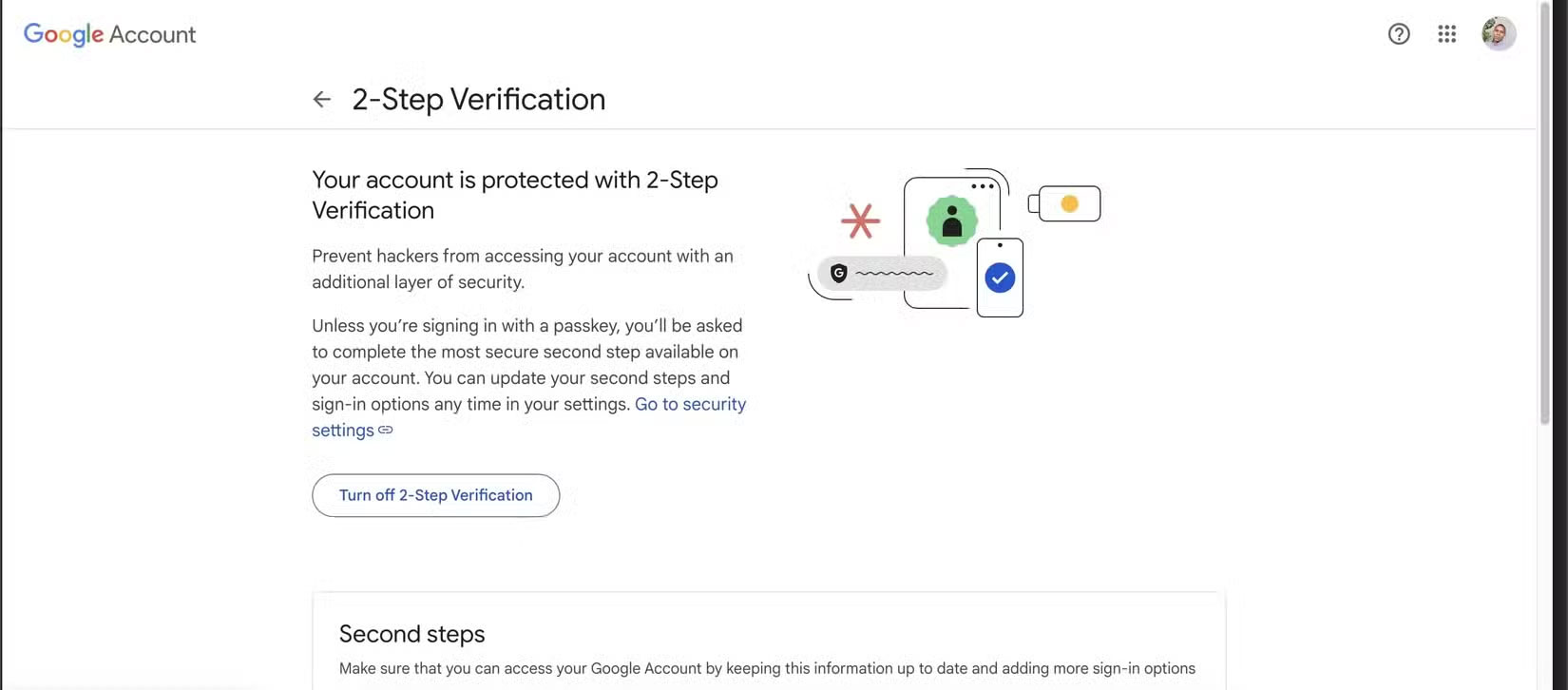 Trang xác minh 2 bước trên cài đặt tài khoản Google
