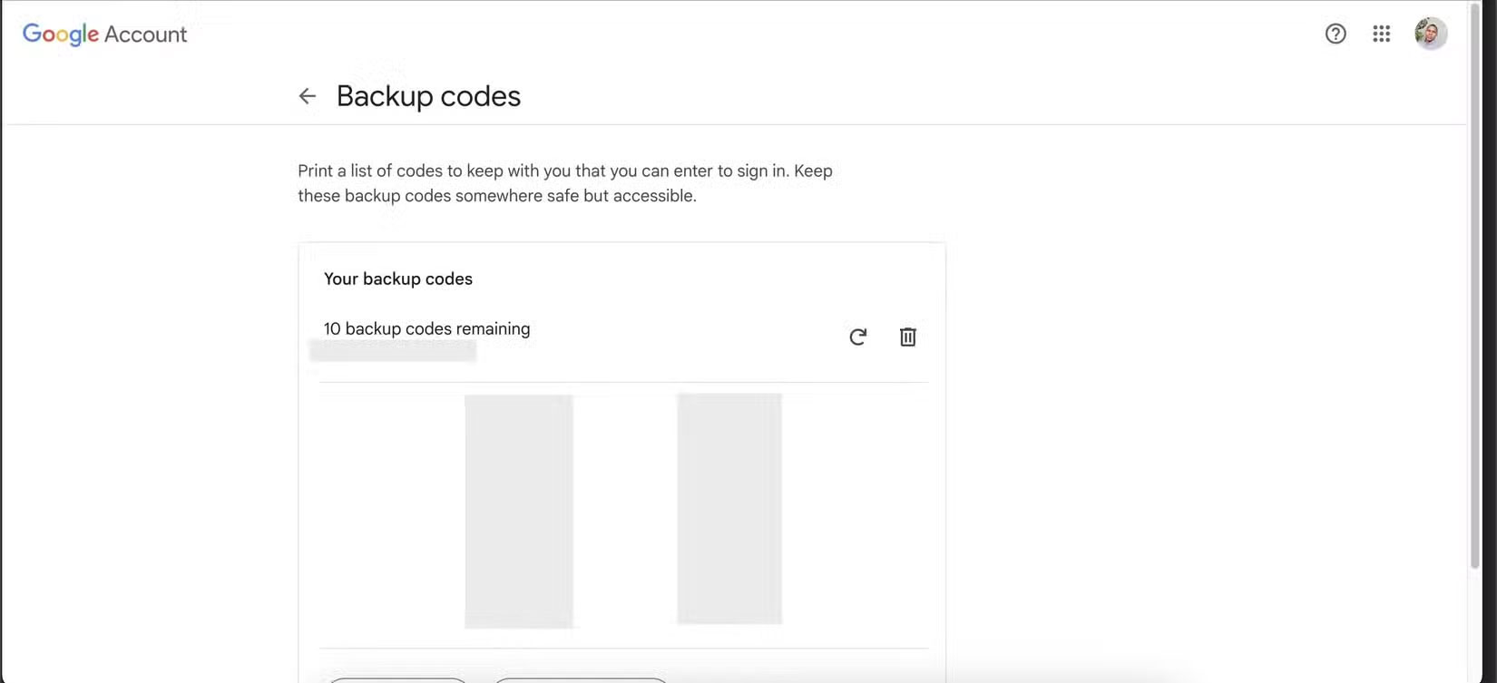 Trang mã dự phòng trên tài khoản Google