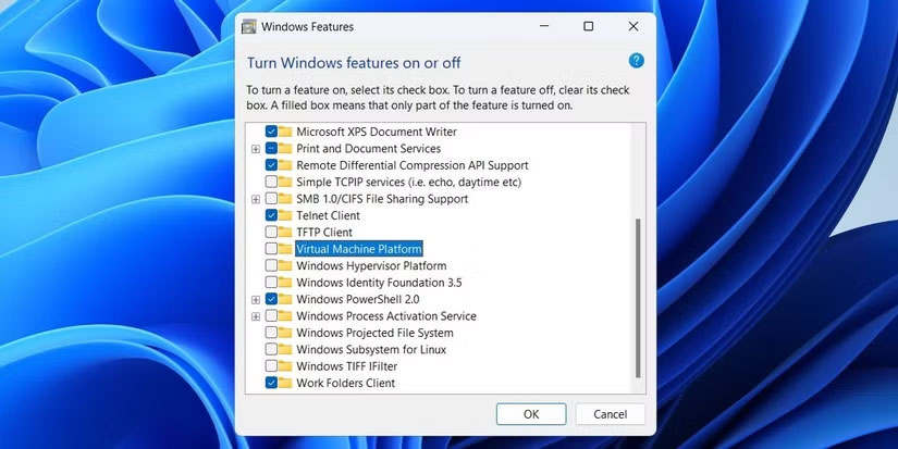 Tùy chọn nền tảng máy ảo trong Windows Features