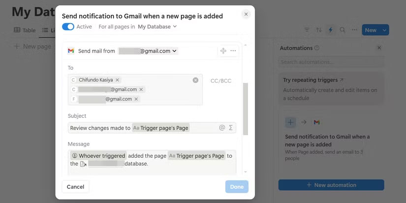 Tự động hóa Gmail được tạo trong Notion.