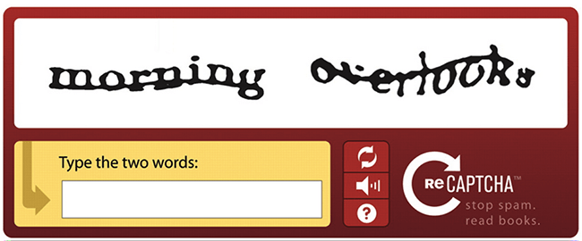 reCAPTCHA "nguyên thủy" yêu cầu nhập từ đã biết để xác định bạn có phải là người không, đồng thời giúp dịch từ mà máy tính chưa nhận diện được