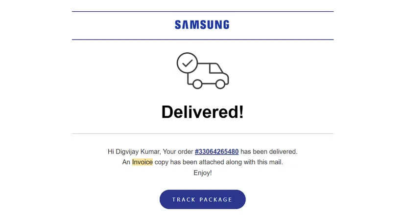 Email xác nhận đơn hàng từ Samsung kèm hóa đơn