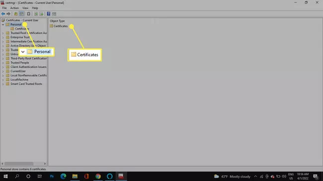 Personal store > Certificates trong Windows Certificate Manager