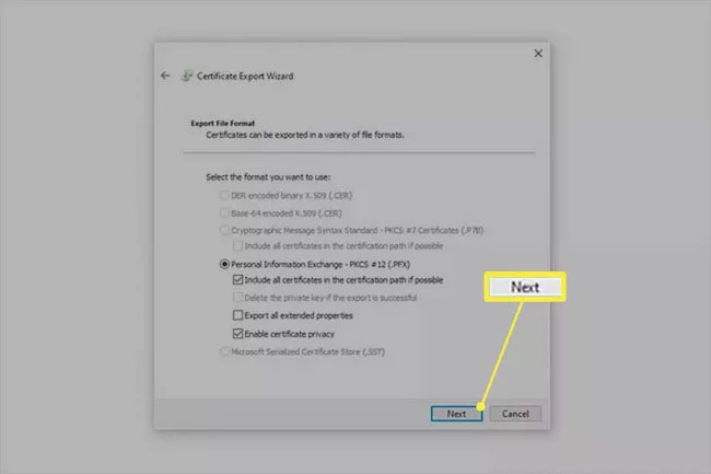 Certificate Export Wizard xuất định dạng file