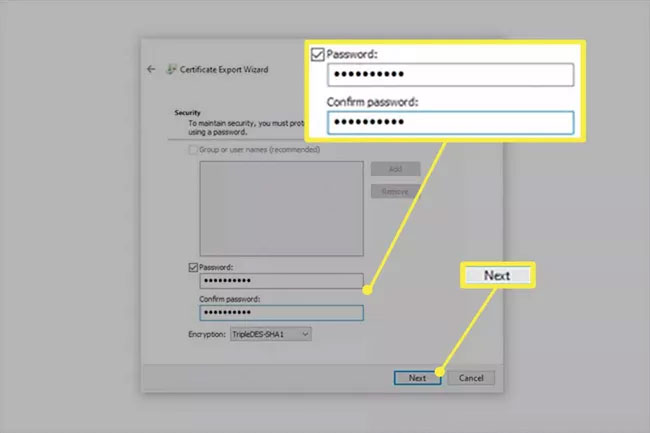 Màn hình bảo mật Certificate Export Wizard