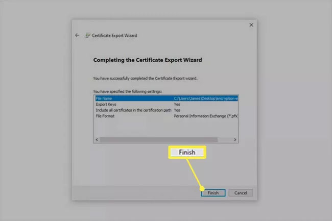 Hoàn thành màn hình review Certificate Export Wizard