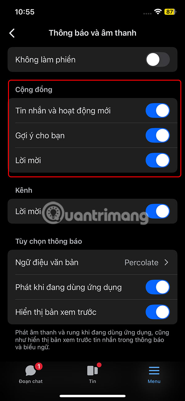 Chỉnh thông báo kênh cộng đồng Messenger