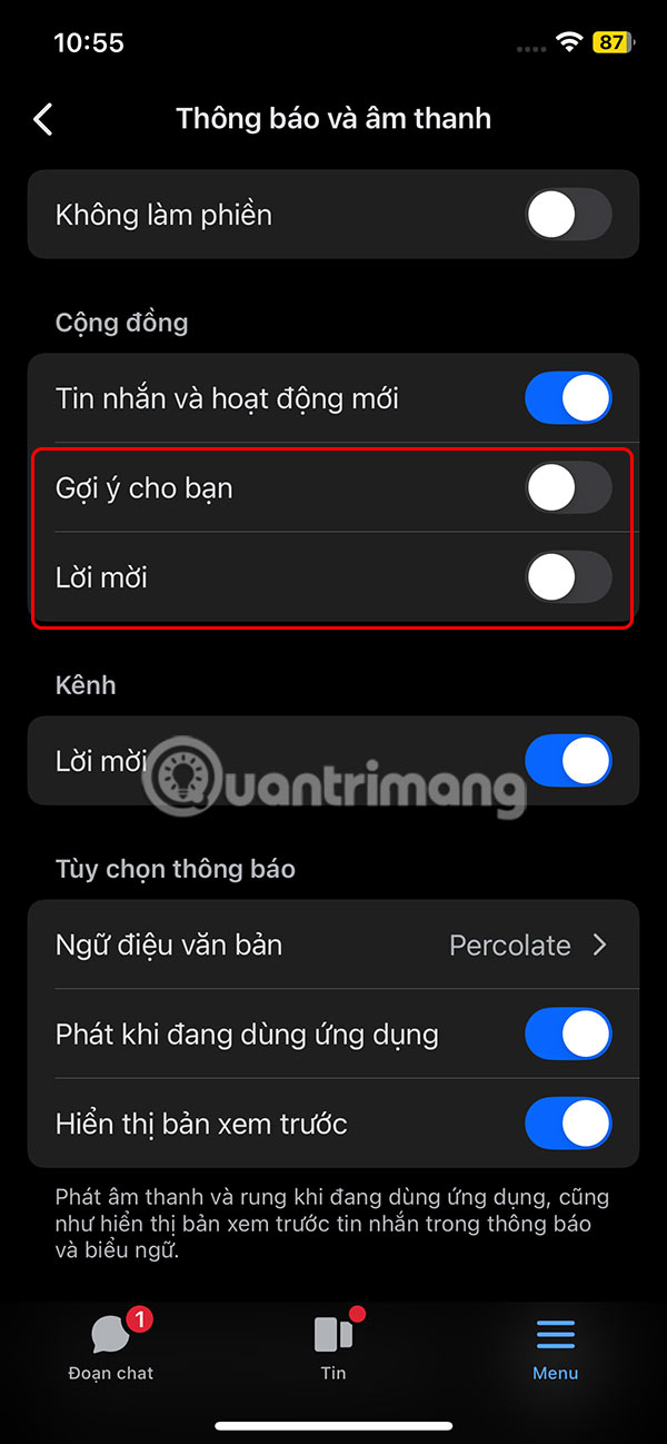 Tắt lời mời kênh cộng đồng Messenger