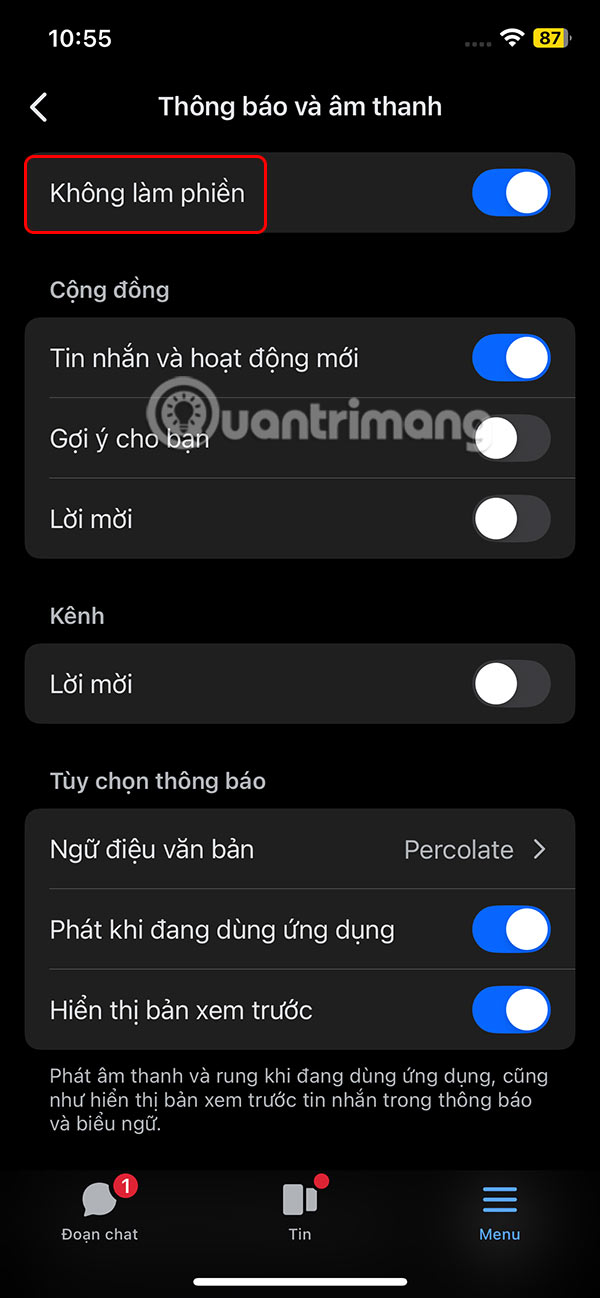 Kích hoạt tắt thông báo Messenger