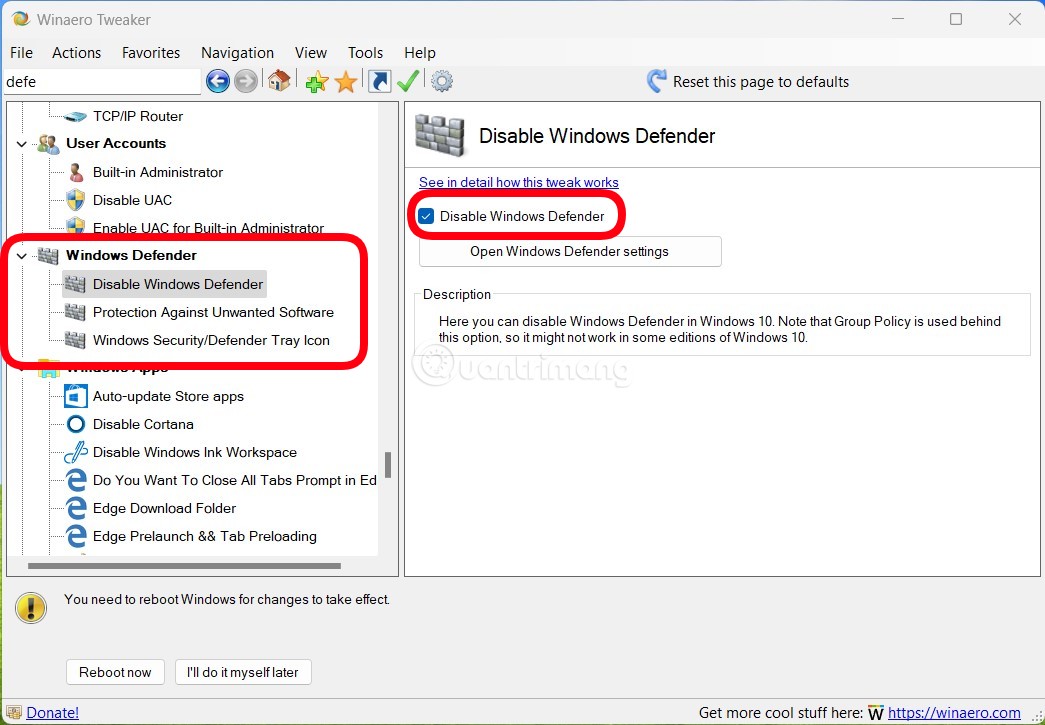 Chọn Disable Windows Defender
