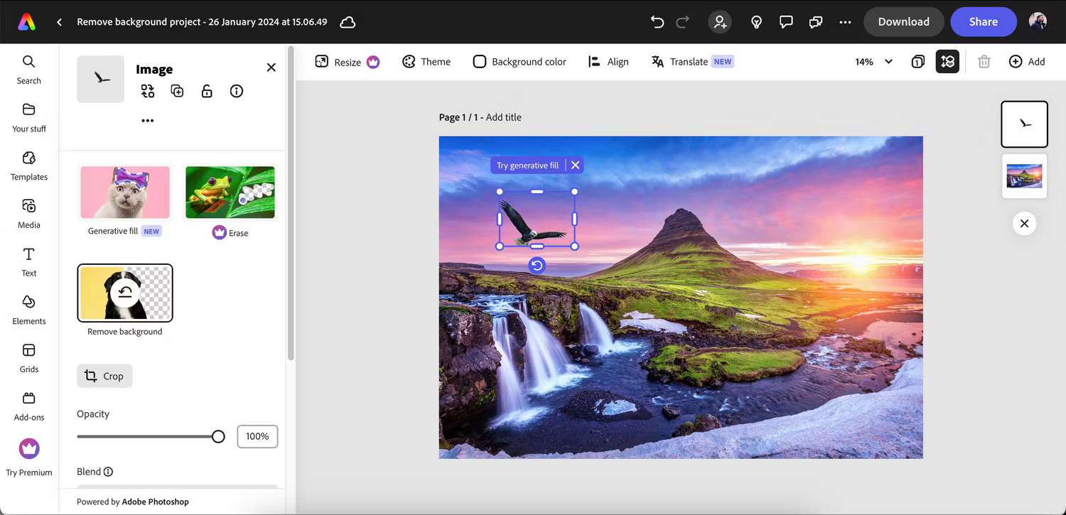 Một bức ảnh đã được xóa nền trong ứng dụng Adobe Express