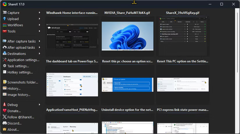 Giao diện người dùng Sharex trên Windows 11