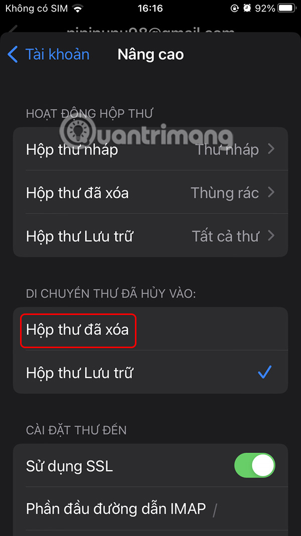 Chọn di chuyển thư hủy vào thùng rác