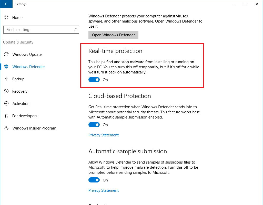 Vô hiệu hóa tạm thời Windows Defender bằng ứng dụng Settings