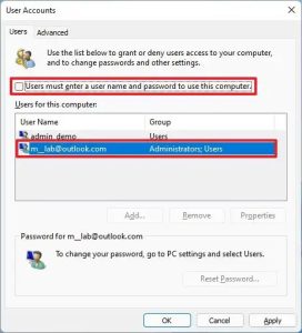 Chọn tài khoản xóa mật khẩu Windows 11